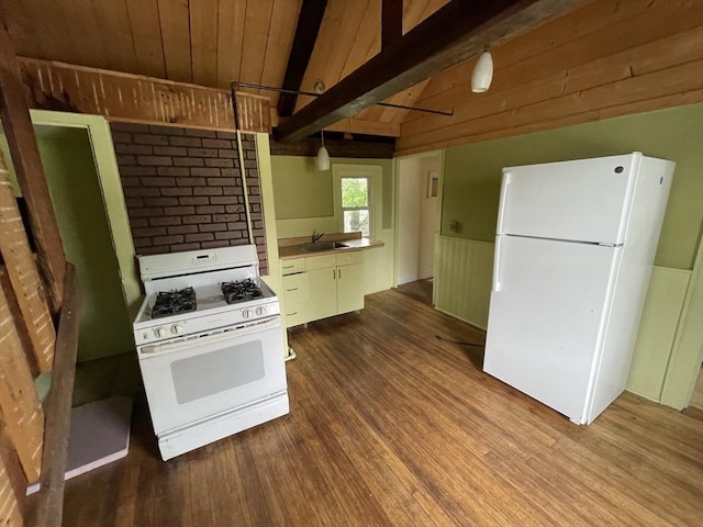 20 Cross St, Salem, MA 01970 - kitchen with white appliances, dark wood-style floors, wainscoting, and wooden ceiling