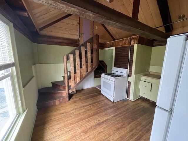 20 Cross St, Salem, MA 01970 - kitchen with white appliances, wood ceiling, dark wood-type flooring, healthy amount of natural light, and white cabinetry