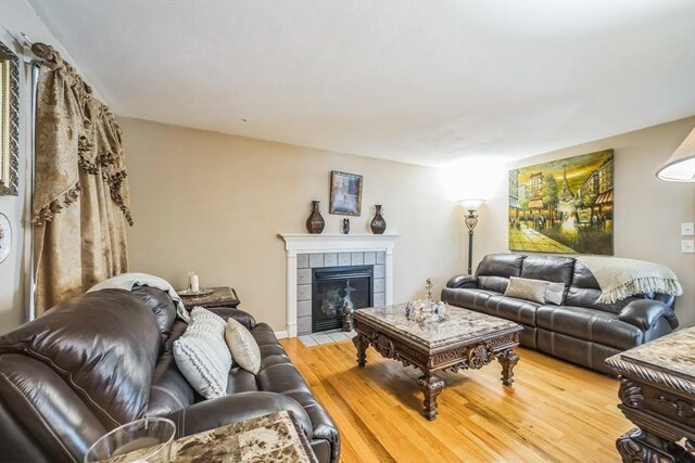 living room featuring a fireplace and wood finished floors