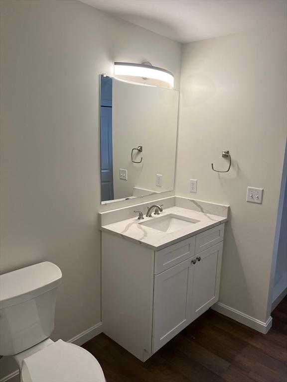 bathroom with vanity, hardwood / wood-style floors, and toilet