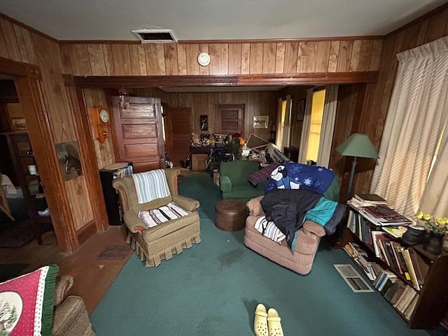 270 Holtshire Rd, Orange, MA 01364 - sitting room featuring wooden walls, ornamental molding, and carpet floors