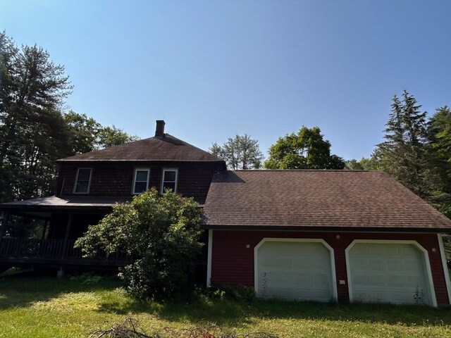 270 Holtshire Rd, Orange, MA 01364 - view of front facade featuring a garage, a front yard, roof with shingles, and a chimney