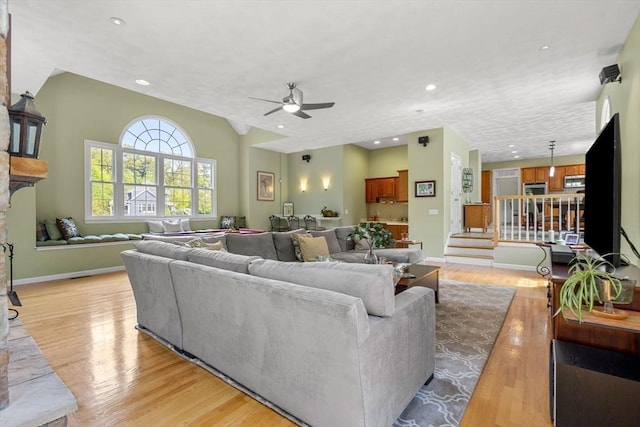 6 Bishop Ln, Middleton, MA 01949 - living area featuring light wood-type flooring, ceiling fan, baseboards, recessed lighting, and stairway