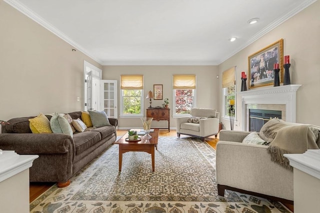 6 Bishop Ln, Middleton, MA 01949 - living area featuring wood finished floors, crown molding, a glass covered fireplace, recessed lighting, and baseboards