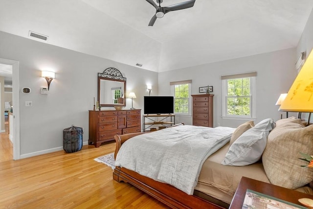 6 Bishop Ln, Middleton, MA 01949 - bedroom with light wood-type flooring, vaulted ceiling, baseboards, and a ceiling fan