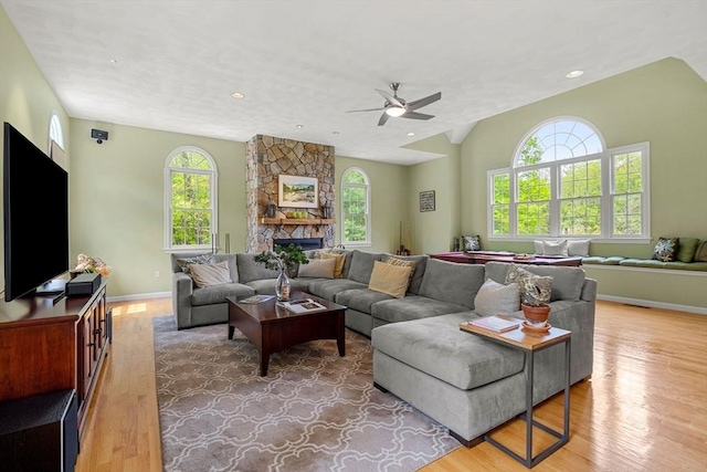 6 Bishop Ln, Middleton, MA 01949 - living room featuring wood finished floors, a ceiling fan, a fireplace, baseboards, and recessed lighting