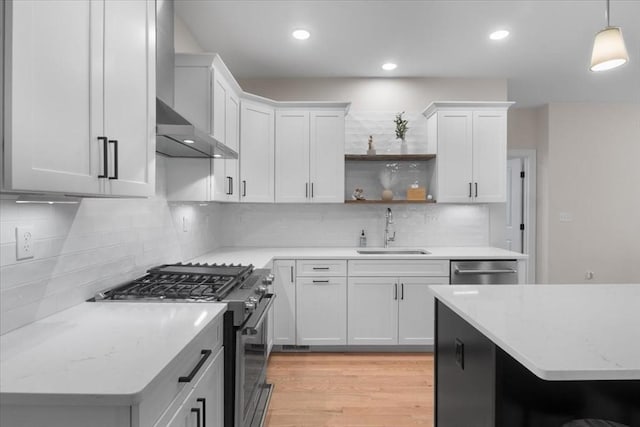 27 Sophia Dr, Rehoboth, MA 02769 - kitchen featuring a sink, gas range, open shelves, wall chimney exhaust hood, and stainless steel dishwasher