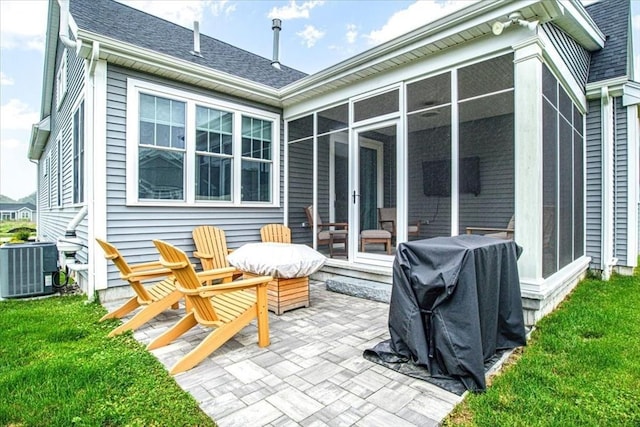 27 Sophia Dr, Rehoboth, MA 02769 - view of patio / terrace with a sunroom, a grill, central AC unit, and french doors