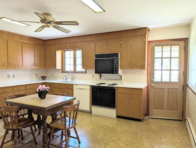 kitchen with a baseboard heating unit, a sink, black microwave, range with electric stovetop, and dishwasher