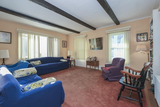 living room with beam ceiling and carpet