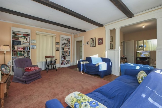 living room with ornate columns, carpet flooring, radiator heating unit, and beam ceiling