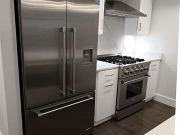 262 Monsignor Obrien Hwy Unit 503, Cambridge, MA 02141 - kitchen with high quality appliances, wall chimney range hood, white cabinets, and light countertops