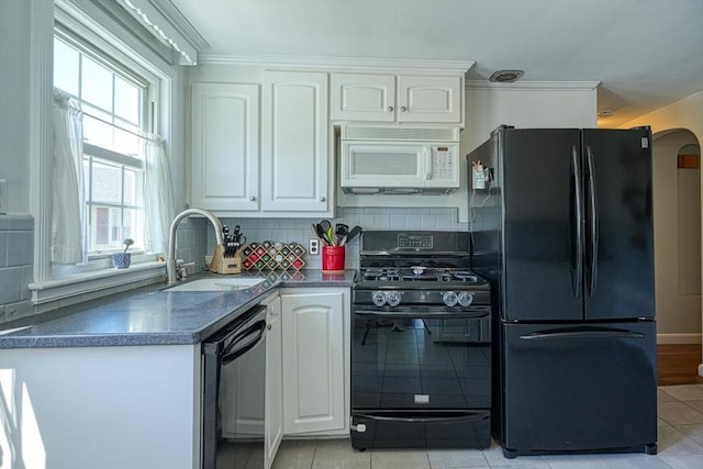 242 Furnace Brook Pkwy, Quincy, MA 02169 - kitchen featuring black appliances, a sink, white cabinetry, light tile patterned floors, and ornamental molding