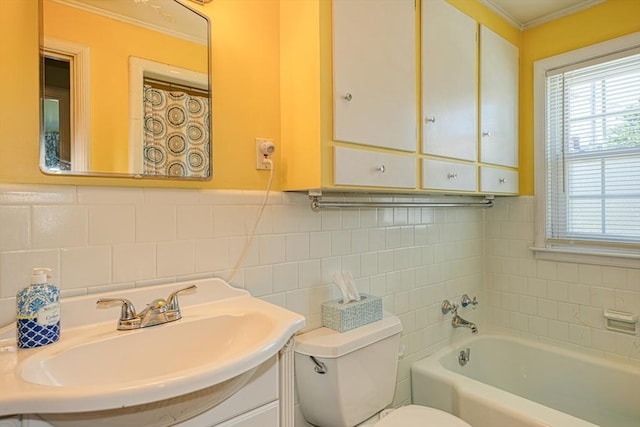 242 Furnace Brook Pkwy, Quincy, MA 02169 - full bathroom with toilet, a bath, ornamental molding, vanity, and tile walls