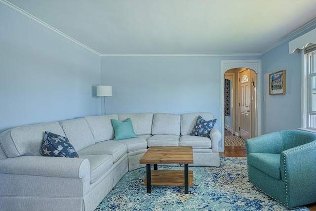 242 Furnace Brook Pkwy, Quincy, MA 02169 - living room with arched walkways, ornamental molding, and wood finished floors