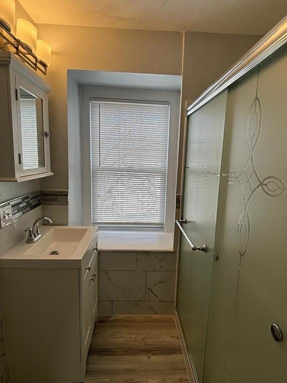 bathroom with wood-type flooring and vanity