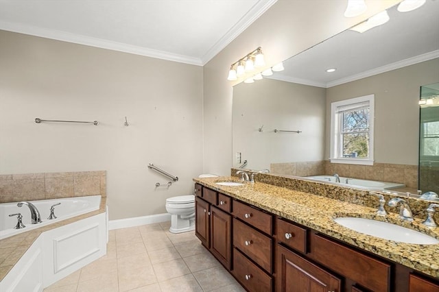 bathroom with tile patterned flooring, a bathtub, toilet, and ornamental molding