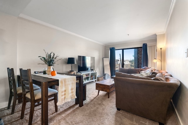 living room with ornamental molding and carpet flooring