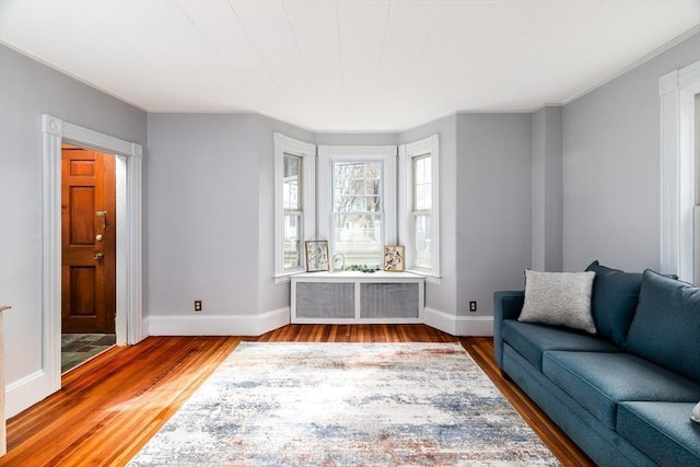 living room with radiator heating unit, baseboards, wood finished floors, and ornamental molding