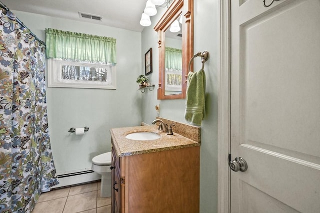 bathroom featuring toilet, tile patterned floors, a baseboard radiator, vanity, and a shower with curtain