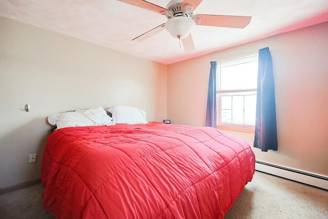 bedroom with ceiling fan and a baseboard heating unit