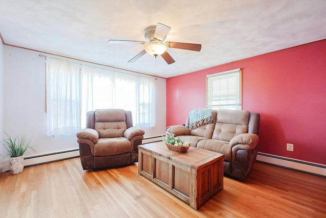 living area with light wood-type flooring, a baseboard radiator, and a ceiling fan