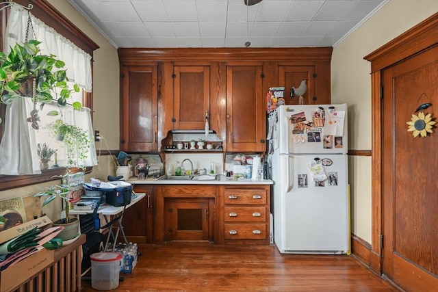 kitchen with light countertops, plenty of natural light, wood finished floors, and freestanding refrigerator