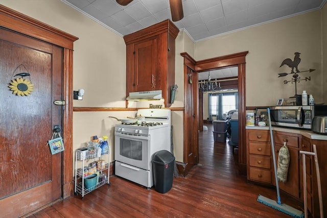 kitchen featuring white gas stove, dark wood-style flooring, ornamental molding, under cabinet range hood, and stainless steel microwave