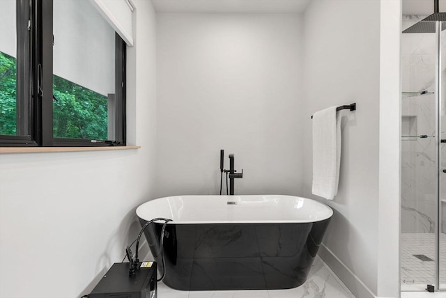 1242 Beacon St, Newton, MA 02468 - full bath featuring marble finish floors, a marble finish shower, a freestanding tub, and baseboards
