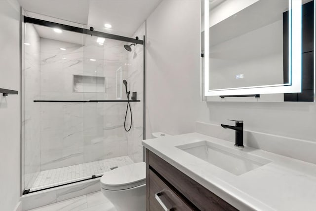 1242 Beacon St, Newton, MA 02468 - full bathroom featuring toilet, vanity, a marble finish shower, recessed lighting, and marble look tile flooring