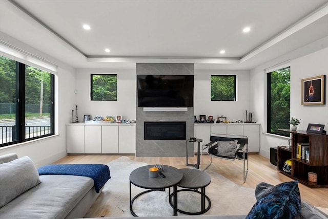 1242 Beacon St, Newton, MA 02468 - living area with a tray ceiling, light wood-type flooring, a fireplace, recessed lighting, and baseboards