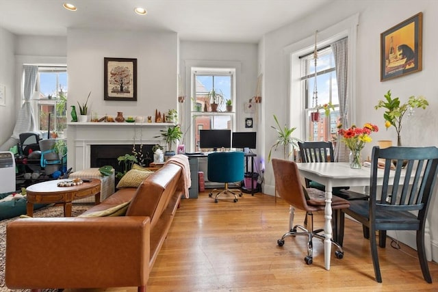 1750 Washington St Unit 2, Boston, MA 02118 - dining room with light wood finished floors, a fireplace, recessed lighting, and baseboards