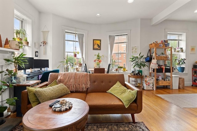 1750 Washington St Unit 2, Boston, MA 02118 - living room with light wood-type flooring, recessed lighting, and beamed ceiling