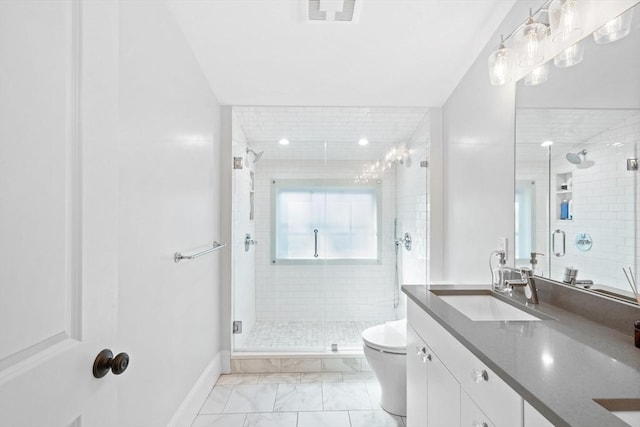 bathroom with marble finish floor, a stall shower, toilet, and visible vents