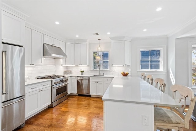 kitchen featuring high quality appliances, a sink, a peninsula, a kitchen bar, and under cabinet range hood