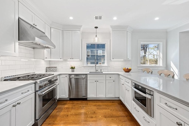 kitchen with white cabinets, appliances with stainless steel finishes, a sink, under cabinet range hood, and visible vents