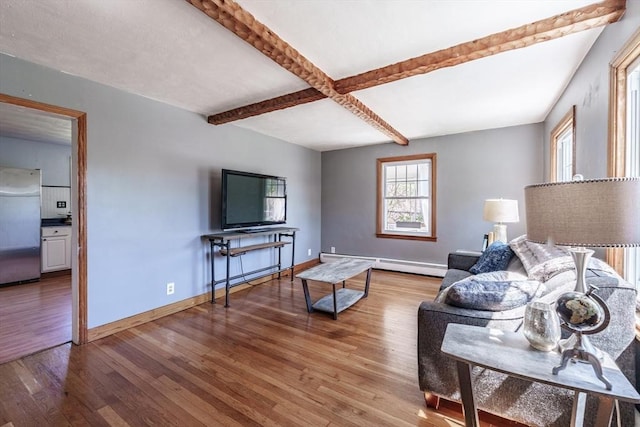 living room featuring baseboards, beamed ceiling, a baseboard heating unit, and wood finished floors