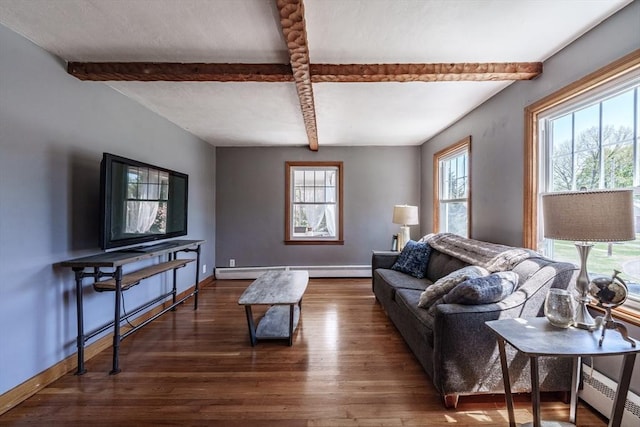 living area featuring dark wood-type flooring, baseboards, baseboard heating, and beamed ceiling