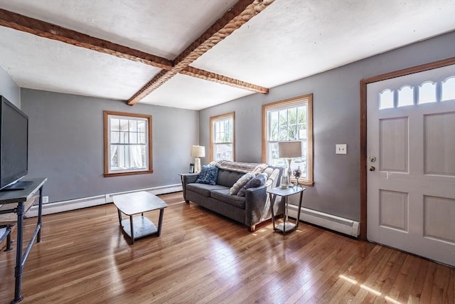 living room featuring hardwood / wood-style flooring, baseboards, a baseboard radiator, beamed ceiling, and a baseboard heating unit