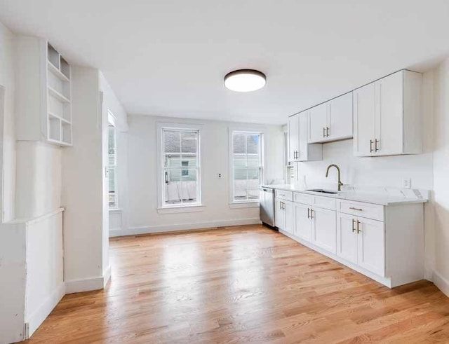 52-54 Bonair St, Somerville, MA 02145 - kitchen with stainless steel dishwasher, light countertops, white cabinetry, and light wood-type flooring