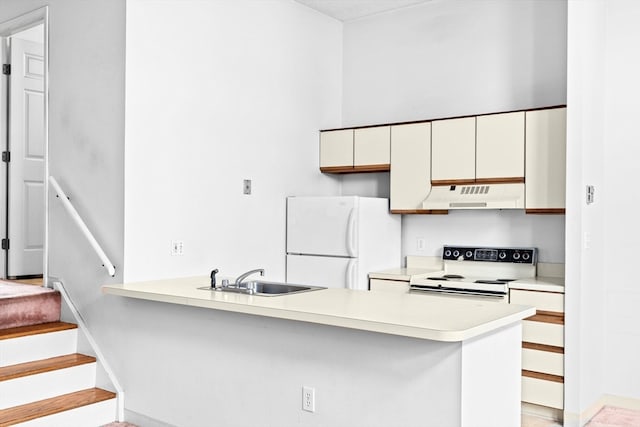 kitchen with kitchen peninsula, white appliances, sink, and white cabinets