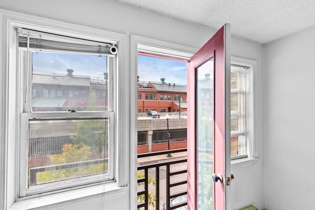 doorway to outside featuring plenty of natural light and a textured ceiling