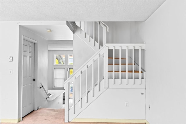 staircase with a textured ceiling and carpet flooring