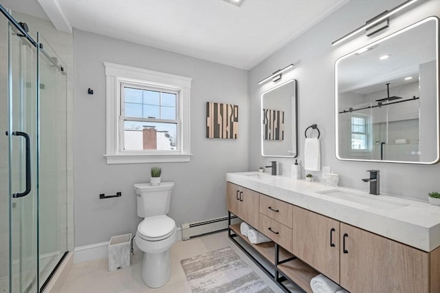 bathroom with vanity, a baseboard radiator, a shower with shower door, and toilet