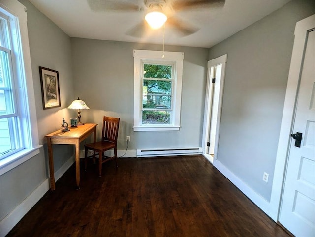 40 Ayer Rd, Shirley, MA 01464 - office with a baseboard heating unit, dark wood finished floors, and ceiling fan