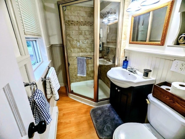40 Ayer Rd, Shirley, MA 01464 - full bathroom featuring a stall shower, vanity, wood finished floors, and wainscoting