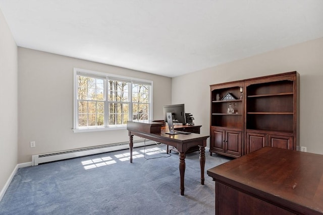 home office featuring baseboards, light carpet, and a baseboard heating unit