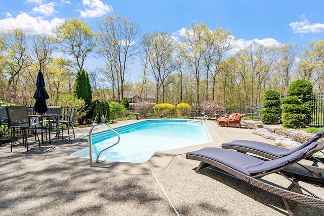 view of pool featuring fence, a fenced in pool, and a patio