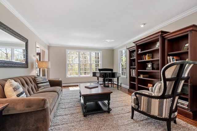 living room featuring baseboards, ornamental molding, wood finished floors, and baseboard heating
