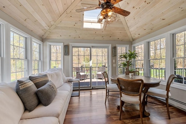 sunroom / solarium with vaulted ceiling with skylight, wood ceiling, plenty of natural light, and wood-type flooring